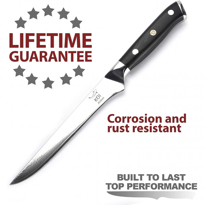 KOI ARTISAN Filleting Boning Knife – 6 Inches Blade Filleting Knife - Damascus VG10 Super Steel
