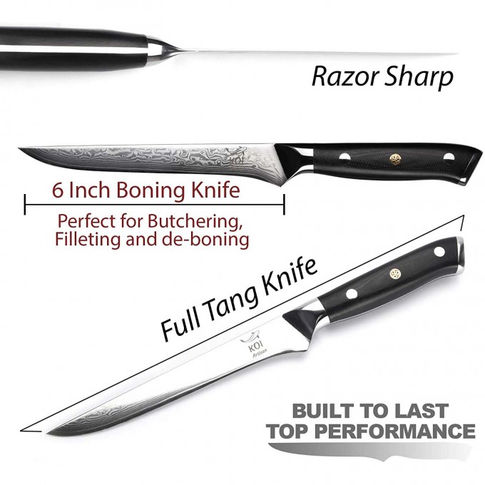 KOI ARTISAN Filleting Boning Knife – 6 Inches Blade Filleting Knife - Damascus VG10 Super Steel
