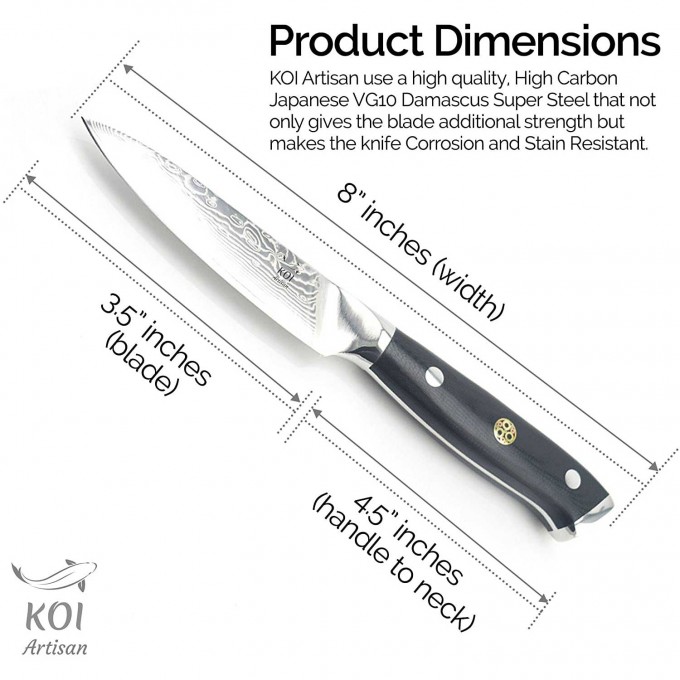 KOI ARTISAN Damascus Paring Knife – 3.5 Inch Razor Sharp Edge – Chef Knife 67 Layers of Japanese Damascus