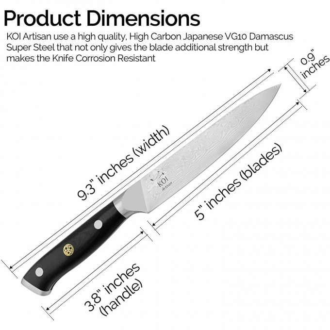 KOI ARTISAN Kitchen Utility Knife – 5 Inch Razor Sharp Blade – 67 Layers of Japanese Knives Damascus VG10 Super Steel