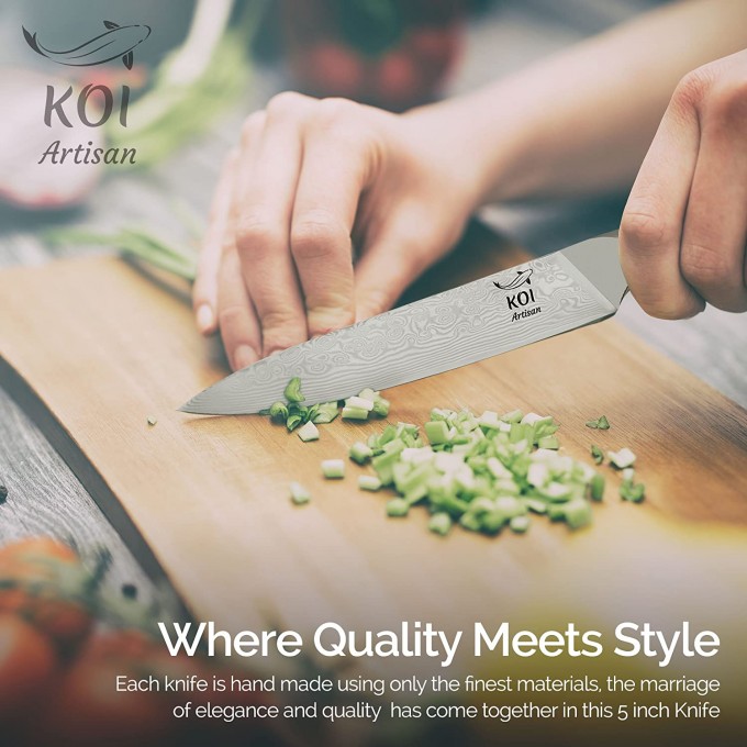 KOI ARTISAN Kitchen Utility Knife – 5 Inch Razor Sharp Blade – 67 Layers of Japanese Knives Damascus VG10 Super Steel