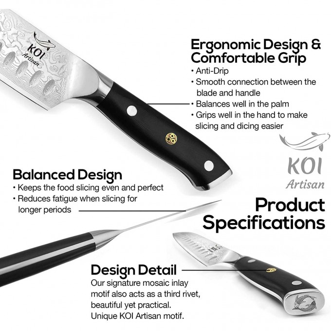 KOI ARTISAN Chefs Santoku Knife – 7 Inch Razor Sharp Edge Chef Knifes – 67 Layers of Premium Kitchen Knives