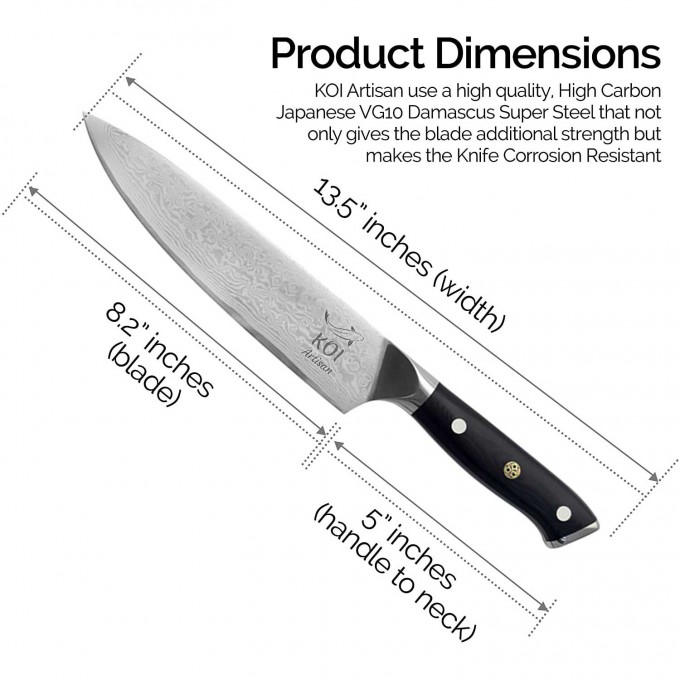 KOI ARTISAN Japanese Chef Knifes – 8-Inch Razor Sharp Blade – Damascus Knife VG10 Super Steel