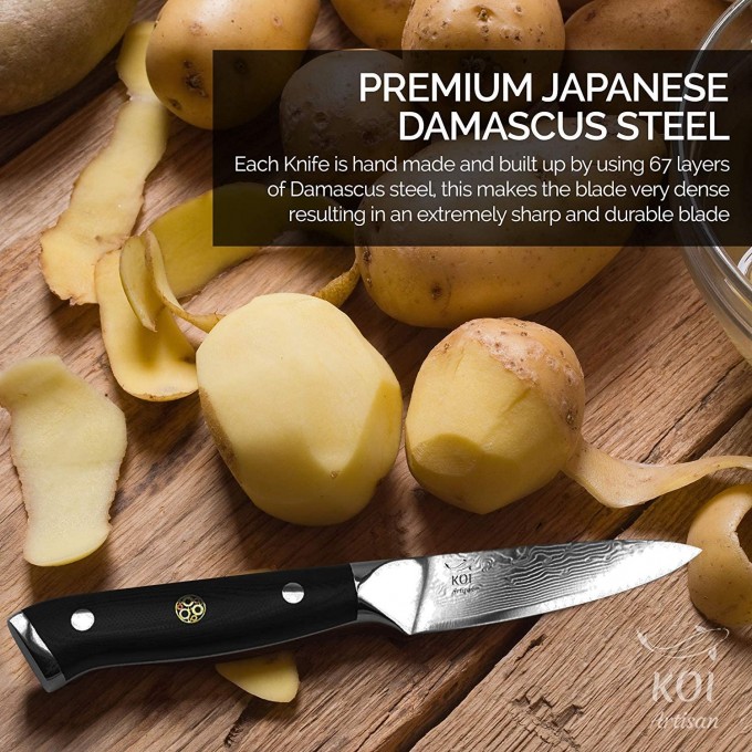 KOI ARTISAN Damascus Paring Knife – 3.5 Inch Razor Sharp Edge – Chef Knife 67 Layers of Japanese Damascus