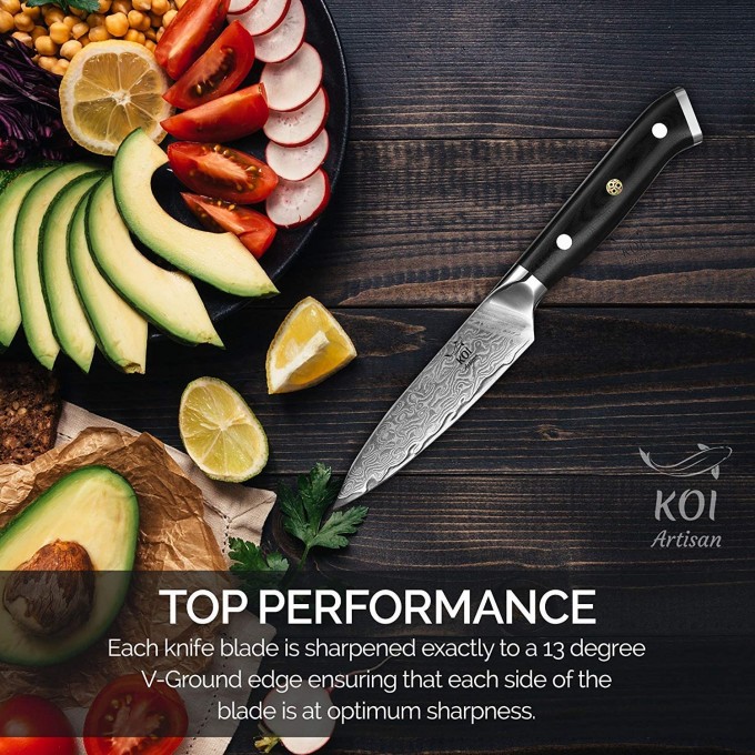 KOI ARTISAN Damascus Paring Knife – 3.5 Inch Razor Sharp Edge – Chef Knife 67 Layers of Japanese Damascus