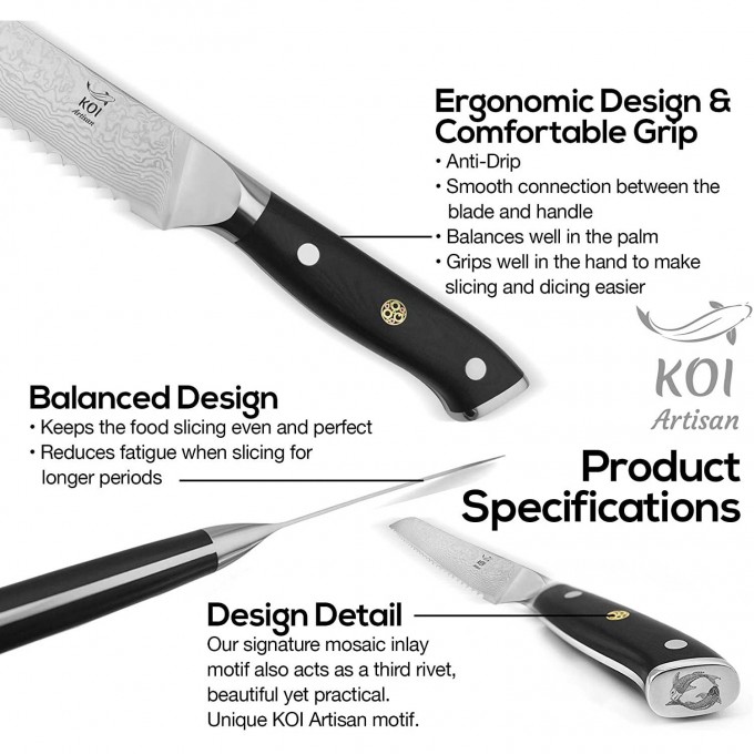 KOI ARTISAN Bread Knife Large – Signature Range 67 Layers – Damascus Steel