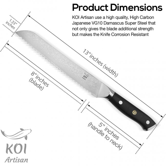 KOI ARTISAN Bread Knife Large – Signature Range 67 Layers – Damascus Steel