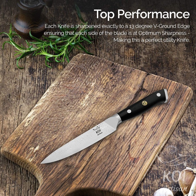 KOI ARTISAN Kitchen Utility Knife – 5 Inch Razor Sharp Blade – 67 Layers of Japanese Knives Damascus VG10 Super Steel