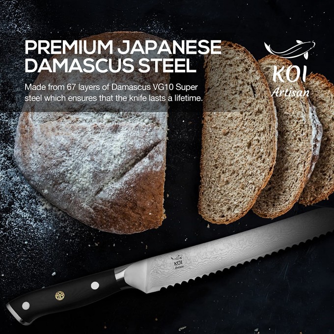 KOI ARTISAN Bread Knife Large – Signature Range 67 Layers – Damascus Steel