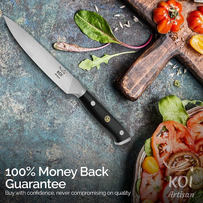 KOI ARTISAN Kitchen Utility Knife – 5 Inch Razor Sharp Blade – 67 Layers of Japanese Knives Damascus VG10 Super Steel