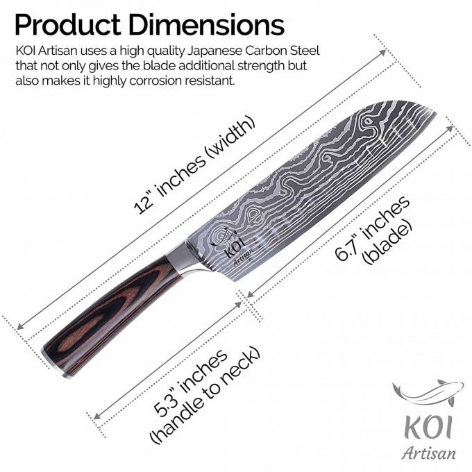 KOI ARTISAN Santoku Chef Knife – 7 Inch Razor Sharp Blade – Japanese High Carbon Stainless Steel