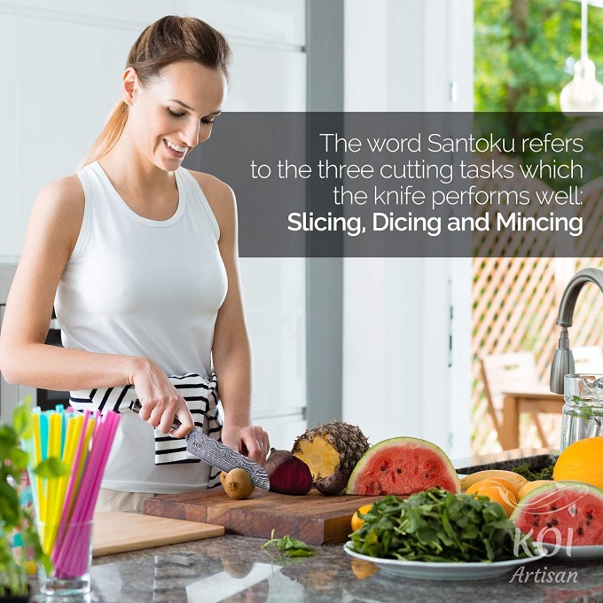 KOI ARTISAN Santoku Chef Knife – 7 Inch Razor Sharp Blade – Japanese High Carbon Stainless Steel