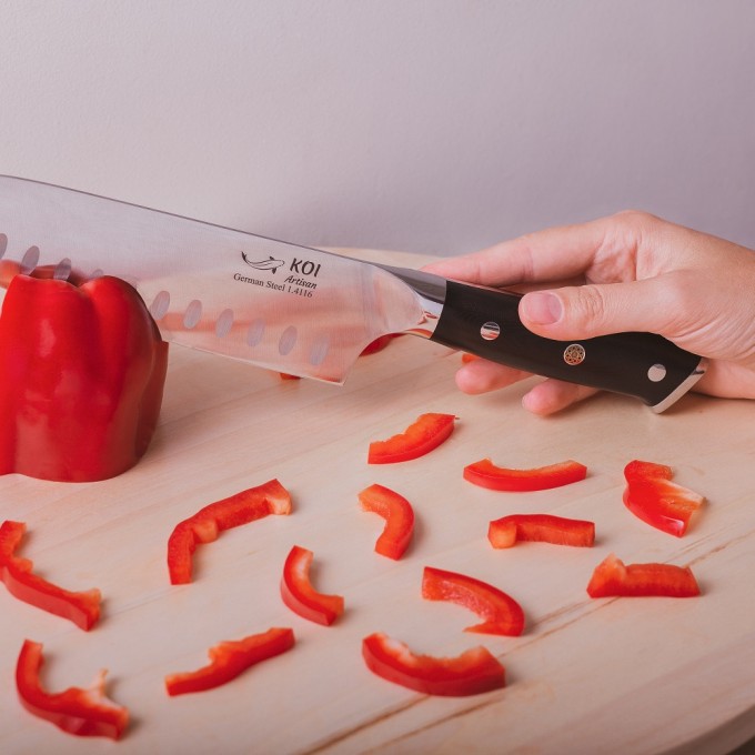 KOI ARTISAN German Santoku Knife – 7 Inch Sharp Edge Chef Knifes – Full Tang Premium High Carbon Kitchen Knives