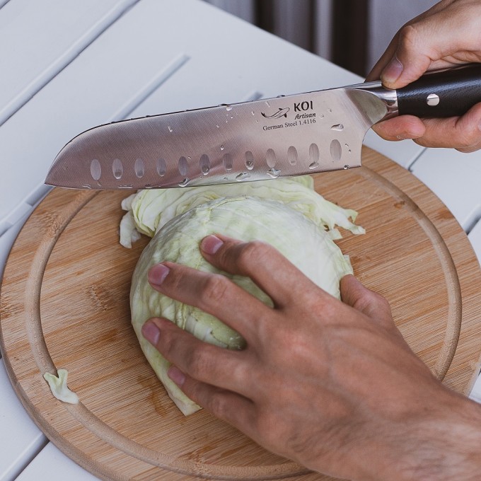 KOI ARTISAN German Santoku Knife – 7 Inch Sharp Edge Chef Knifes – Full Tang Premium High Carbon Kitchen Knives