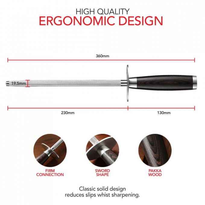 KOI Artisan Knife Sharpeners Diamond Rod - 9 Inch Sword Shape Honing Rod Fine Grit - Suitable for All Kinds of Knives, Blades - Professional Honing Steel Knife