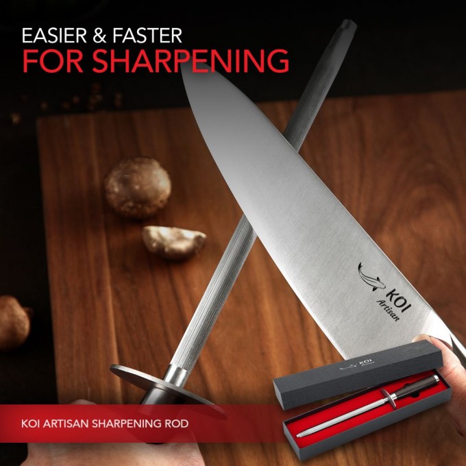 KOI Artisan Knife Sharpeners Diamond Rod - 9 Inch Sword Shape Honing Rod Fine Grit - Suitable for All Kinds of Knives, Blades - Professional Honing Steel Knife